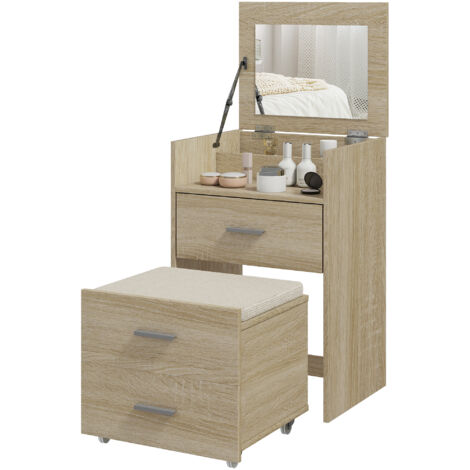 Coiffeuse avec miroir pliant, tiroirs et tabouret, en bois et tissu effet lin, coloris bois