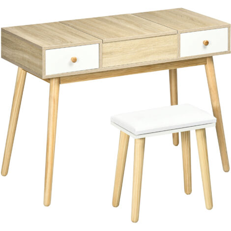 Coiffeuse avec miroir rabattable, tabouret rembourré, coussin moelleux, compartiments et tiroirs, pieds en bois massif, 100 x 45 x 118 cm, coloris naturel