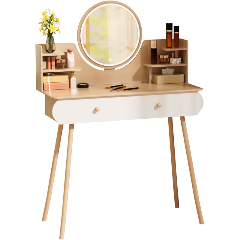 Coiffeuse avec miroir rond, lumière LED réglable, 2 tiroirs, 4 étagères, 80×40×120 cm.