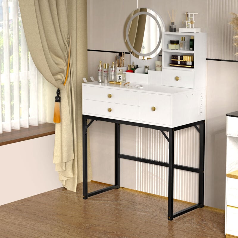 Coiffeuse avec Miroir Table de Maquillage 4 tiroir Sans Tabouret 80x40x140cm Blanc