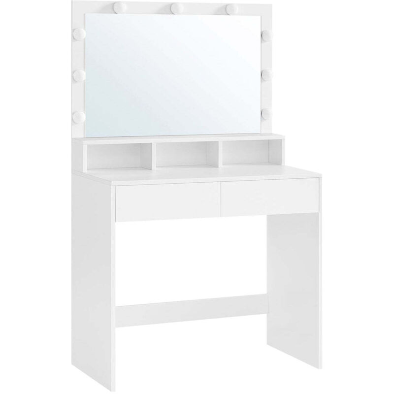 Coiffeuse avec miroir table de maquillage avec 9 ampoules led luminosité réglable 2 tiroirs et 3 compartiments de rangement style moderne blanc