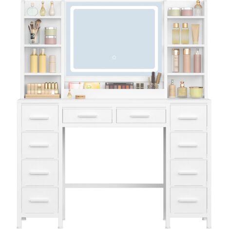 Coiffeuse avec Miroir, Table de Maquillage avec Éclairage LED, Luminosité Réglable, 3 Couleurs, 10 Tiroirs, 8 Compartiments de Rangement Ouverts, Blanc