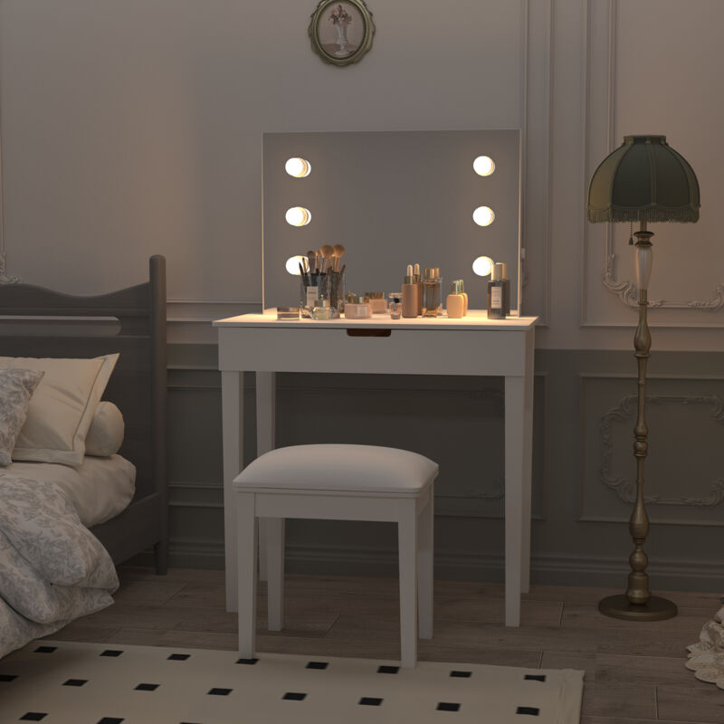Modfu - Coiffeuse avec miroir, tabouret, 6 ampoules et tiroirs avec séparateurs, prises et ports usb, blanc