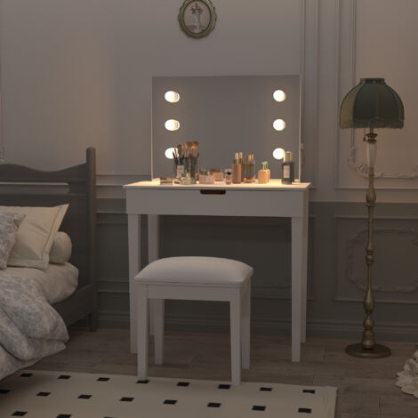 Coiffeuse avec miroir, tabouret, 6 ampoules et tiroirs avec séparateurs, prises et ports USB, blanc