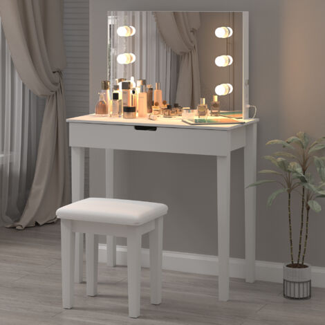 Coiffeuse avec miroir, tabouret de maquillage, ensemble de coiffeuse avec 6 ampoules, blanc
