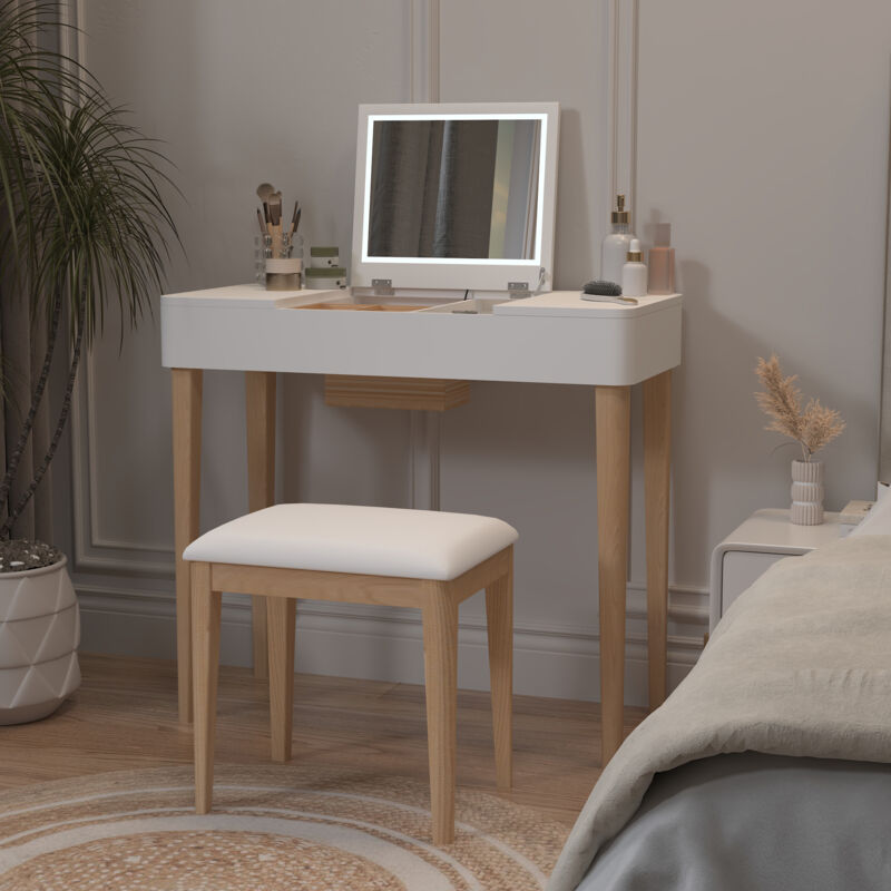 Okwish - Coiffeuse avec miroir, tabouret de maquillage, ensemble de coiffeuse, blanc