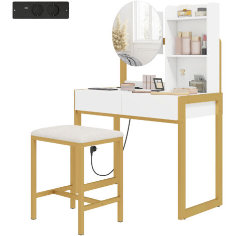 Coiffeuse avec miroir, tabouret rembourré, station de recharge, 2 tiroirs et 3 étagères pour chambre, blanche