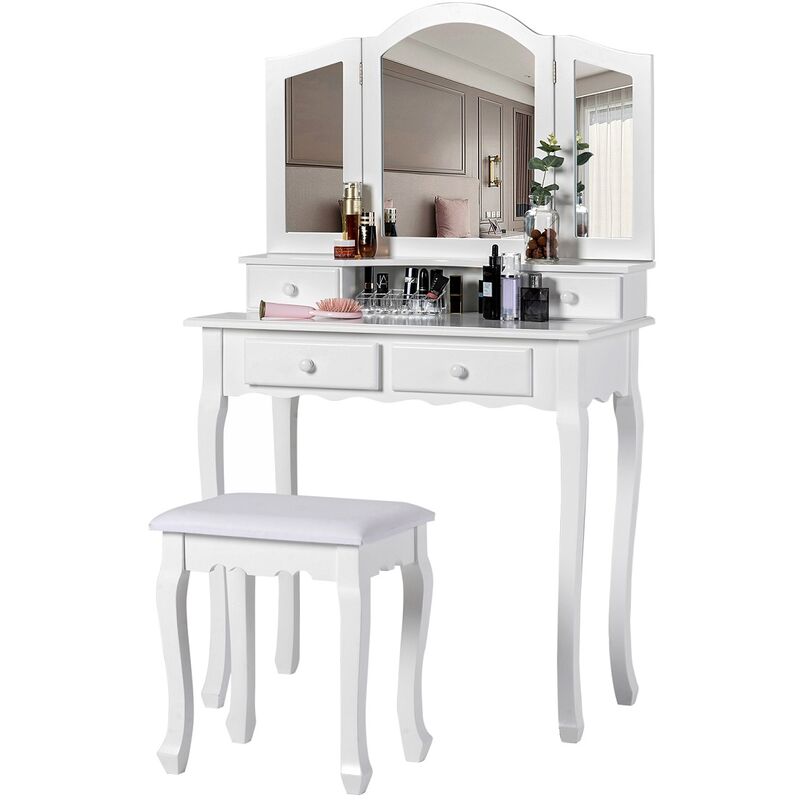 Coiffeuse avec Miroir à Tri-Plier Table de Maquillage avec Tabouret et 4 Tiroirs, 8 x40 x134.5 cm pour Fille Femme, Blanc