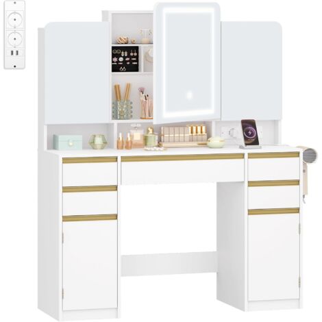 Coiffeuse avec Miroir Triple,avec Prise,Support pour Sèche-Cheveu