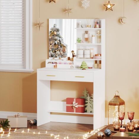 Coiffeuse avec miroir – vanité de maquillage 40 x 80 x 140 cm – 4 étagères ouvertes – Panneau de particules blanc durable