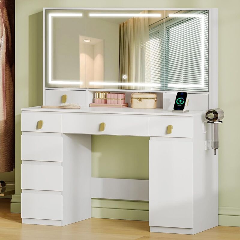 Coiffeuse avec miroir HD 105x51,5cm – Éclairage LED tricolore réglable – Rangement 8 tiroirs et support pour sèche-cheveux