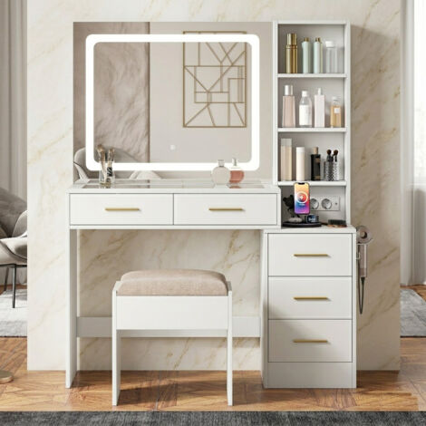 Coiffeuse avec plateau en verre et éclairage LED, 3 couleurs, luminosité réglable, coiffeuse avec USB/Type-C, porte-sèche-cheveux et tabouret rembourré en lin, design moderne, blanche