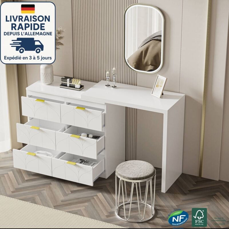 Coiffeuse avec plateau tournant, 80x40x73 cm, commode à 6 tiroirs, sans miroir ni tabouret, mdf, blanc