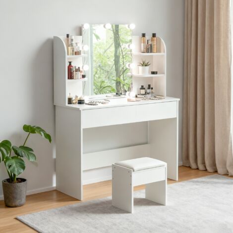 Coiffeuse avec tabouret - avec éclairage LED, miroir - 105x40x103cm - MDF - Blanc