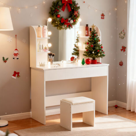 Coiffeuse avec tabouret et miroir LED, table maquillage blanche moderne avec éclairage chambre
