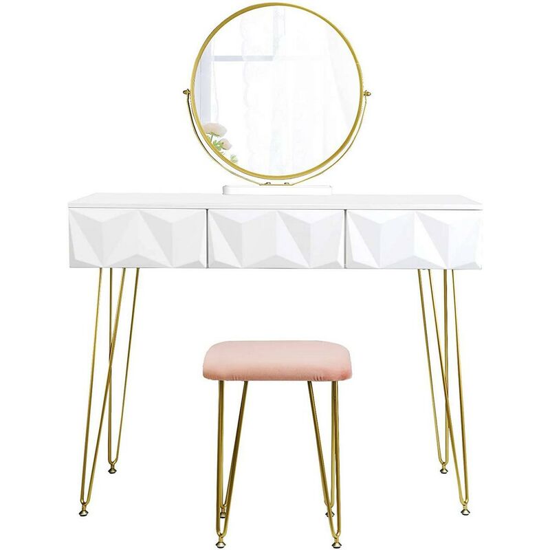 Helloshop26 - Coiffeuse avec tabouret et miroir pivotant moderne 100 cm rond blanc doré