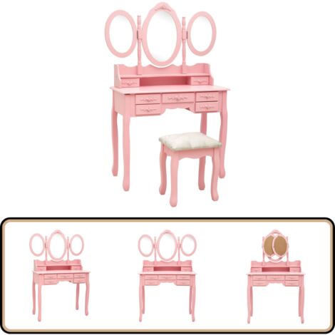 Coiffeuse avec tabouret et miroir pliable en 3 Rose - Table De Maquillage - Coiffeuse - Meuble De Salle De Bain - Vanity - Miroir Pliante