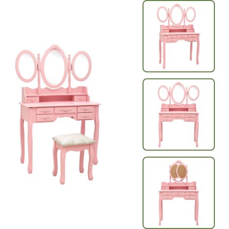 Coiffeuse avec tabouret et miroir pliable en 3 Rose - Table De Maquillage - Coiffeuse - Meuble De Salle De Bain - Vanity - Miroir Pliante