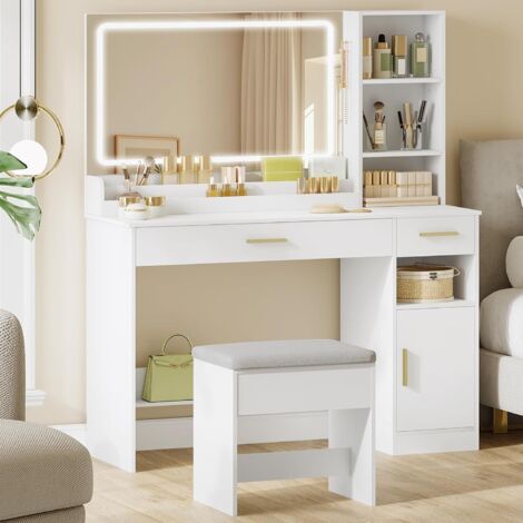 Coiffeuse avec tabouret – Grand miroir LED 69x50cm – Éclairage réglable 3 modes – Rangement avec tiroirs et armoire – Dimensions 40x108x141cm