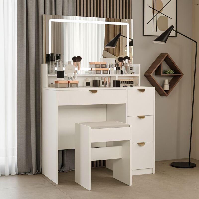 Nmonet – Coiffeuse moderne avec miroir LED et port USB – Rangement 4 tiroirs – Dimensions 90x40x140 cm – MDF blanc