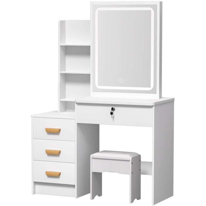 Coiffeuse avec tabouret, miroir avec lumière LED réglable, 4 tiroirs, 3 étagères, 90 x 37 x 135 cm, blanc.