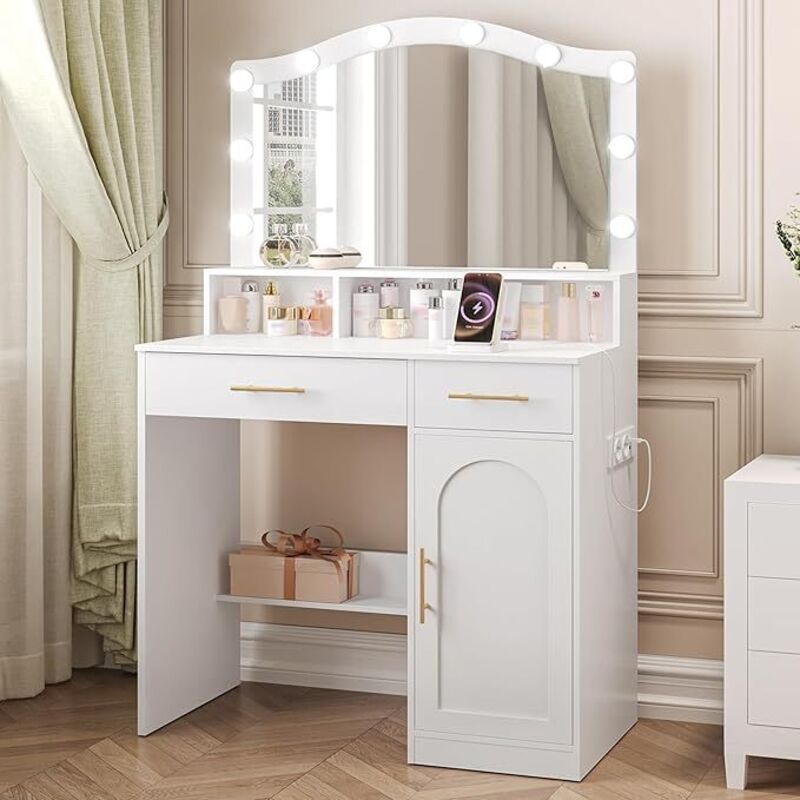 Coiffeuse avec Tabouret, Miroir HD, Lumières LED Réglables Couleur