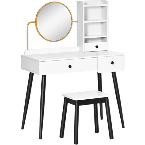 Coiffeuse avec tabouret miroir rond doré style néo-rétro - 3 tiroirs, 3 étagères - piètement hévéa noir panneaux particules blanc - Blanc