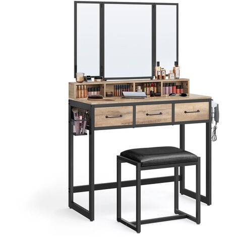Coiffeuse avec Tabouret, Miroir Triple, 3 Tiroirs, 90 x 40 x 141 cm, Porte-sèche-Cheveux, Pot, Style Industriel, Marron Boisé et Noir RVT004B50 VASAGLE