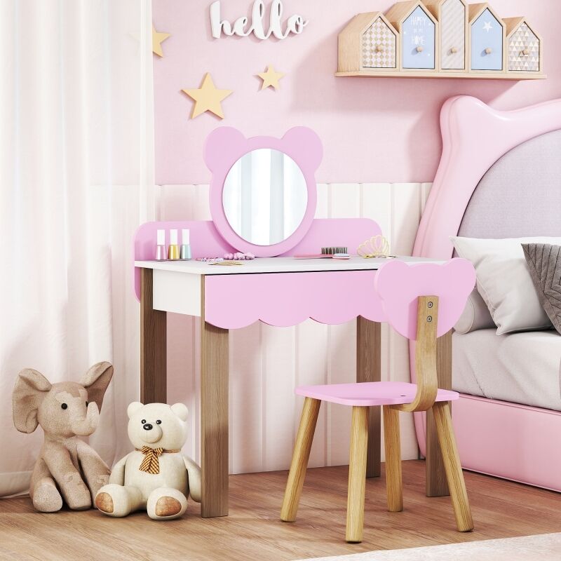 Rosahqnda - Coiffeuse avec tabouret pour enfant, miroir de maquillage, forme ours, tiroir, mdf, rose