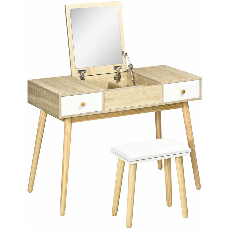 coiffeuse avec tabouret style scandinave - 2 tiroirs, compartiment porte miroir - panneaux aspect chêne clair blanc - beige
