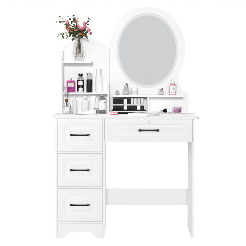 Coiffeuse avec miroir éclairé par LED à luminosité réglable, 4 tiroirs et 3 étagères, dimensions 80×40×137 cm.