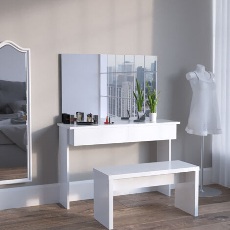 Vicco – Coiffeuse Azur blanche 120 cm – Miroir rectangulaire – 2 boîtes extensibles – Panneau de particules 16 mm