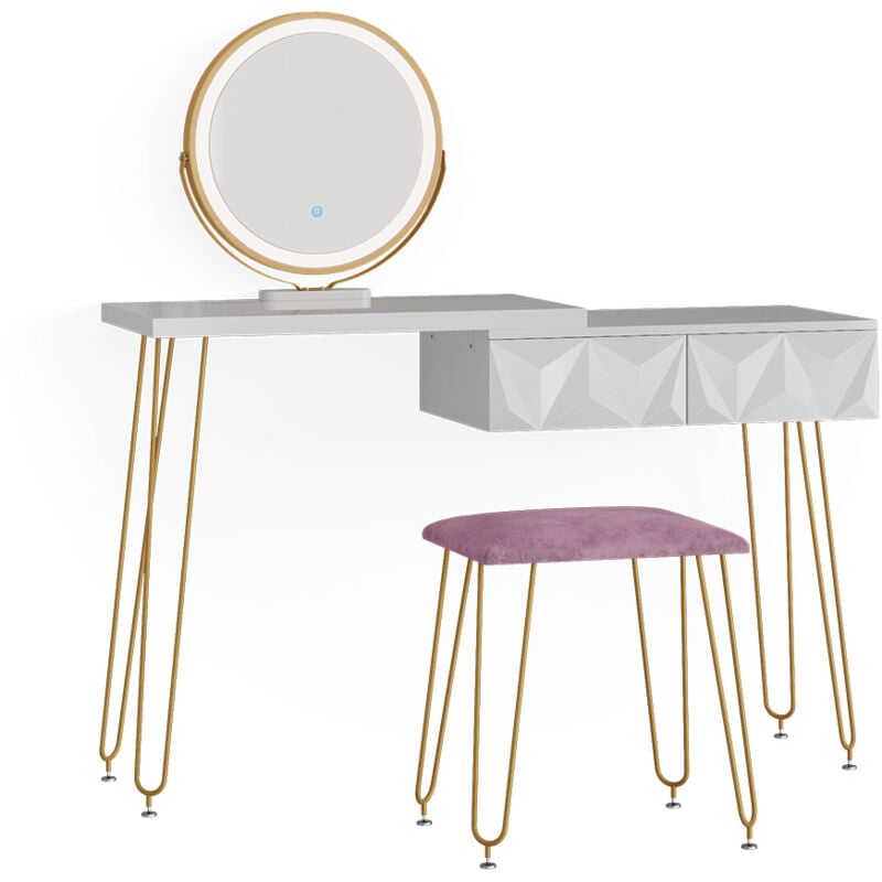 Vicco - Coiffeuse Bella, Blanc, 120 cm avec éclairage led et tabouret