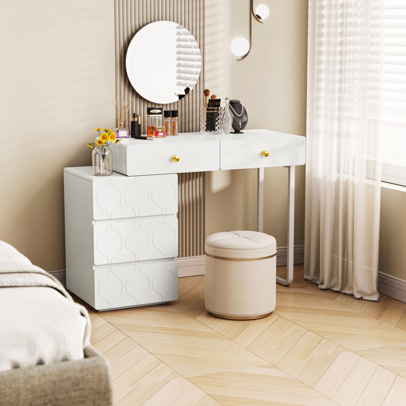 Coiffeuse blanc 90 x 40 x 64 cm avec 5 tiroirs, sans miroir ni tabouret, motif vagues, commode style minimaliste