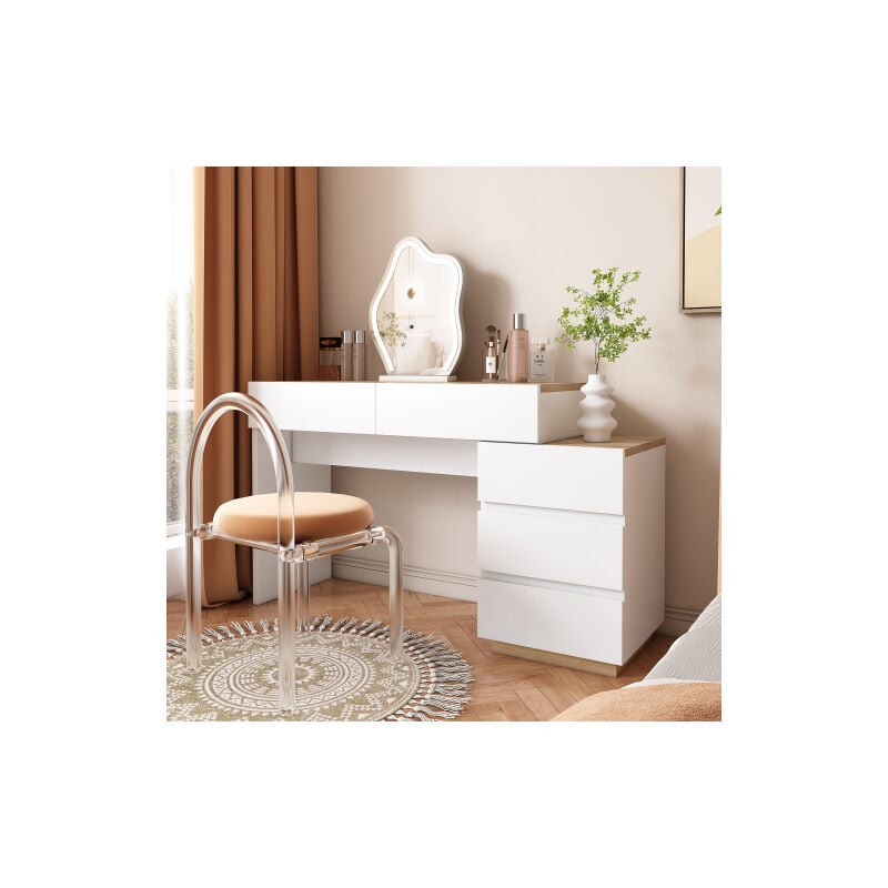 Coiffeuse blanc avec 5 tiroirs, pour chambre, blanc et chêne, sans miroir ni tabouret