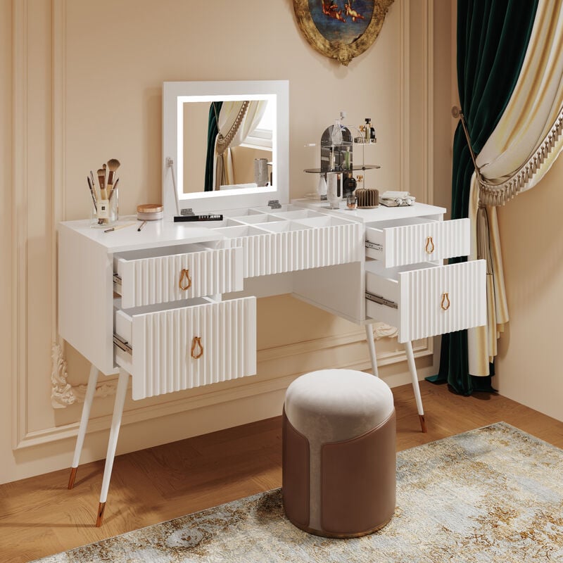 Coiffeuse blanc avec miroir à luminosité réglable, commode,4 tiroirs, (sans chaises) 120x45x121cm