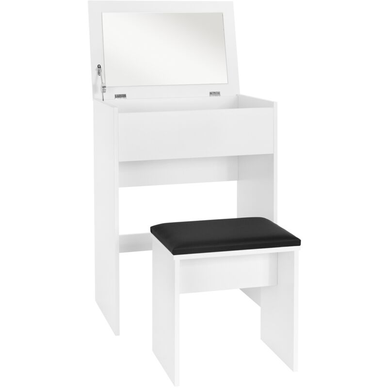 ML-Design Coiffeuse Moderne avec Miroir Pliable et Tabouret Noir, 60x40x122 cm, MDF Blanc, Table de Maquillage avec Plateau Rabattable, Grande