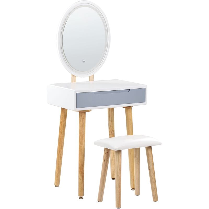 Coiffeuse Blanc et Gris en Bois 1 Tiroir Miroir à LED et Tabouret Scandinave Vesoul