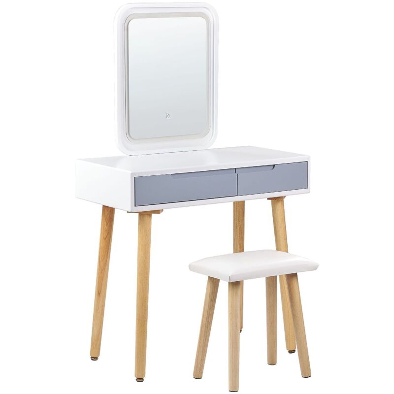 Beliani - Coiffeuse Blanc et Gris en Bois 2 Tiroirs Miroir à led et Tabouret Scandinave Dieppe