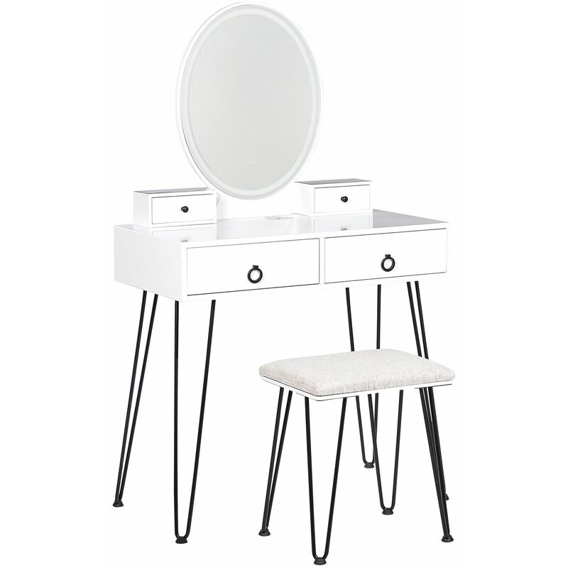 coiffeuse blanc et noir en métal mdf et polyester avec tabouret et miroir soye - blanc