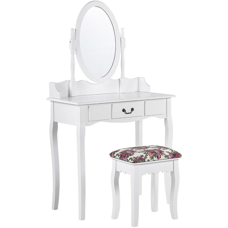 Beliani - Table de Maquillage Coiffeuse Blanche avec Tiroir Miroir Ovale et Tabouret Assorti Motif Floral pour Chambre au Style Glamour et Romantique