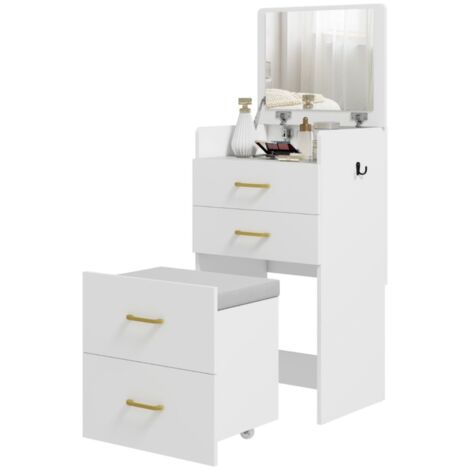 Coiffeuse blanche 3-en-1 avec miroir, table de chevet et tabouret roulant, tiroirs de rangement, design multifonctionnel pratique