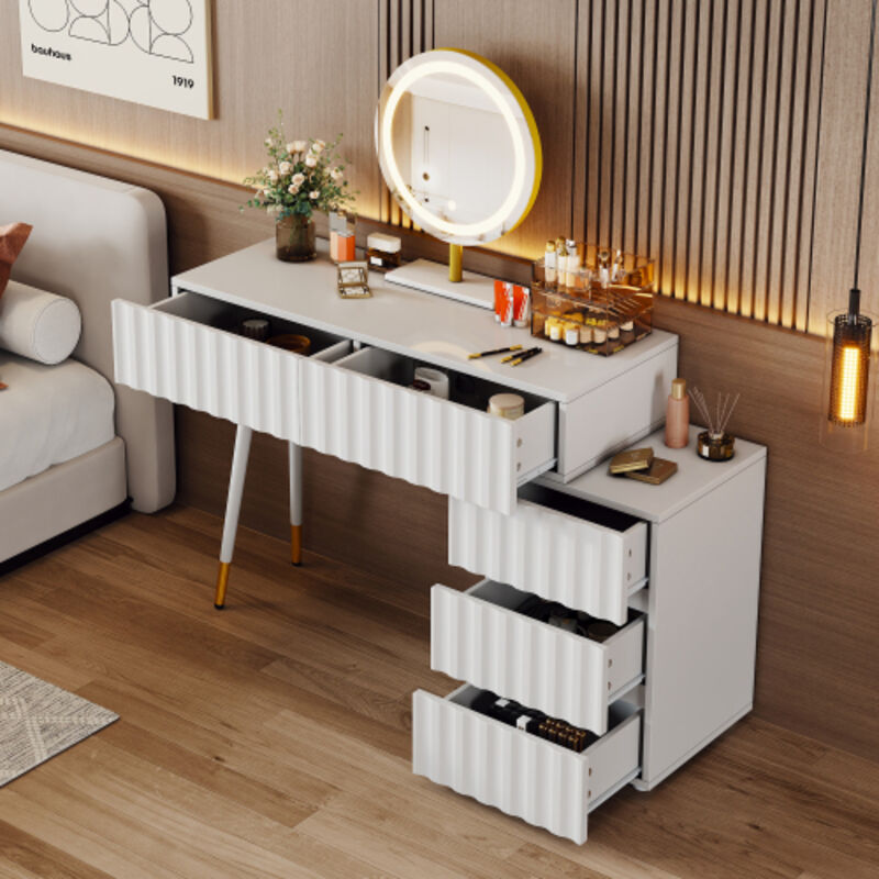 Coiffeuse blanche avec miroir LED et 5 tiroirs, sans tabouret