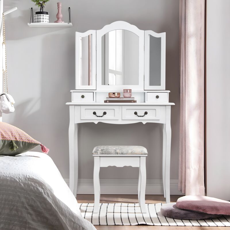 Eifson - Coiffeuse blanche, avec 4 tiroirs, tabouret et 3 miroirs, en bois mdf et pin massif blanc, style contemporain, adaptée aux femmes et aux