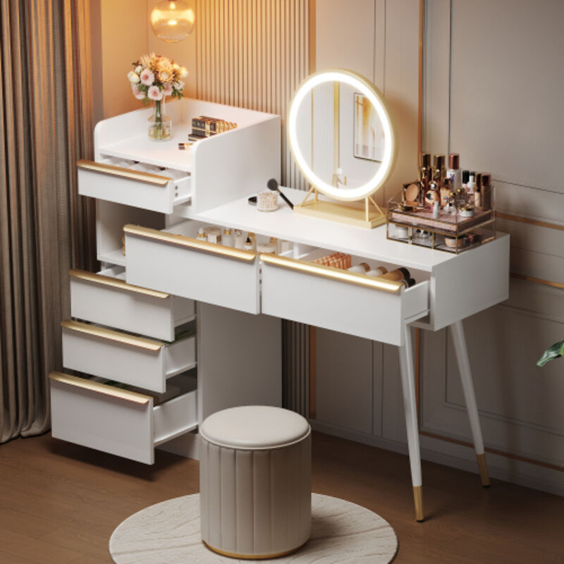 Coiffeuse blanche avec 6 tiroirs, poignées dorées, miroir lumineux LED à intensité variable, plateau rétractable, sans tabouret