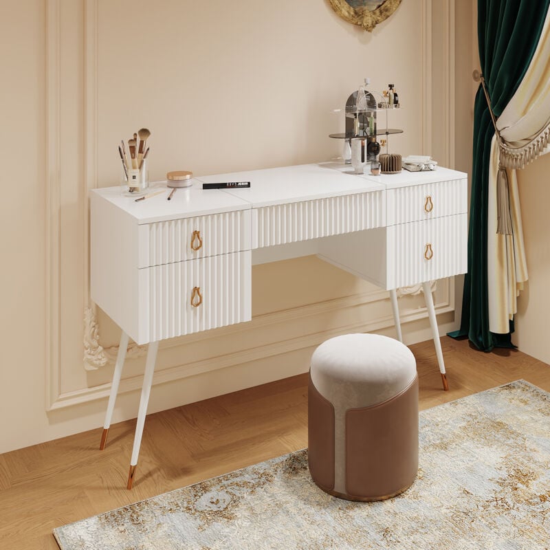 Coiffeuse blanche avec miroir led à luminosité réglable et 4 tiroirs, accessoires de luxe plaqués or, blanc, sans chaises