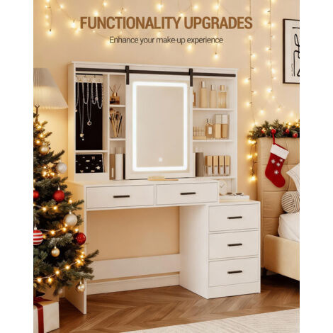 Coiffeuse blanche avec miroir amovible et lumières LED réglables – Rangement pour bijoux – 5 tiroirs et étagères ouvertes – Dimensions 120x40x150cm