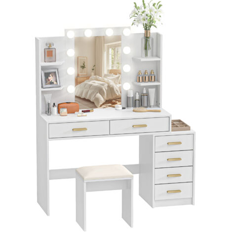 Coiffeuse blanche avec miroir éclairé, tabouret rembourré, 6 tiroirs et étagères, ensemble maquillage complet.