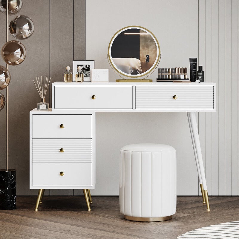 Coiffeuse blanche avec miroir et lumière led, table de maquillage en bois, grand espace de rangement avec 5 tiroirs, armoire design extractible, set