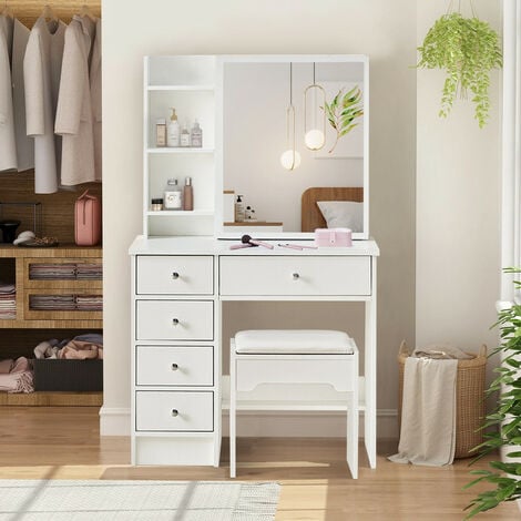 Coiffeuse blanche avec miroir, 1 tiroir, 2 étagères et armoire de rangement  - L80 x H132 cm